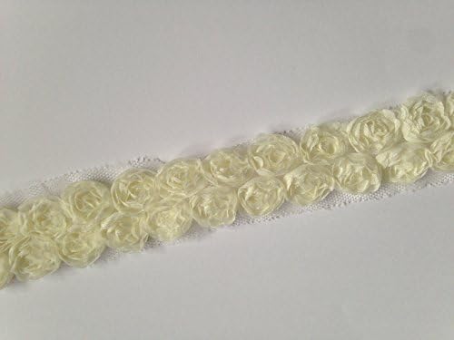 Sparkles Gems Double Row 3D Rose Flower Lace Fabric Trimming Bridal Tulle Shabby Chic Trim (Ivory)