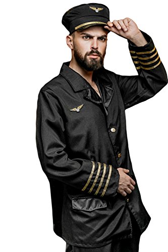 Adult Men Airline Pilot Costume Airplane Captain Suit Cosplay Dress Up Role Play (Medium/Large, Black, Gold)