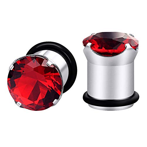Longbeauty 2Pcs Single Flare Stainless Steel Red Zircon CZ Ear Tunnels Expander Plugs Gauges Stretcher with O-Ring