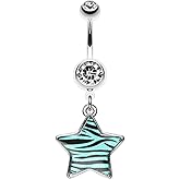 Pierced Owl 14GA Stainless Steel CZ Crystal Zebra Star Dangling Belly Button Ring