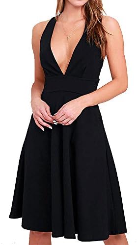YOOHOG Summer Women’s A-Line Sleeveless Deep V-neck Midi Dress (XL, Black)