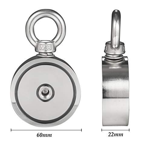 Wukong Second-Generation Neodymium Fishing Magnets (Double-Sided Magnetic) Round Neodymium Magnet with Eyebolt, Combined 600 LBS Pulling Force, 2.36" Diameter - Magnet for River or Lake Fishing.