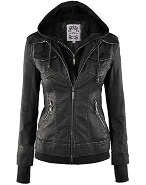Womens Faux Leather Jacket with Hoodie