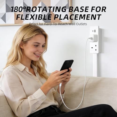 Electrical Outlet Socket Extender Stick,1500W Power Expander Strip with 2 AC Outlets & USB-A & USB-C Ports, 71.5CM Extendable Rotating 180°, Wall Plug for Behind Couches, Nightstands, Desks, (White)