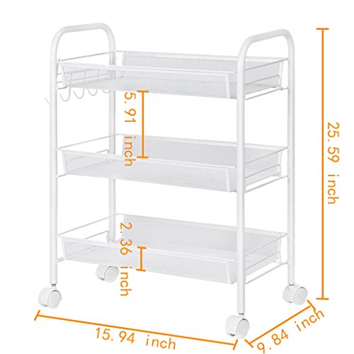 Rolling Cart 3-Tier Storage Cart Utility Cart Wire Rack Metal Mesh Shelving Trolley, GEYUEYA Home - Thumbnail 5
