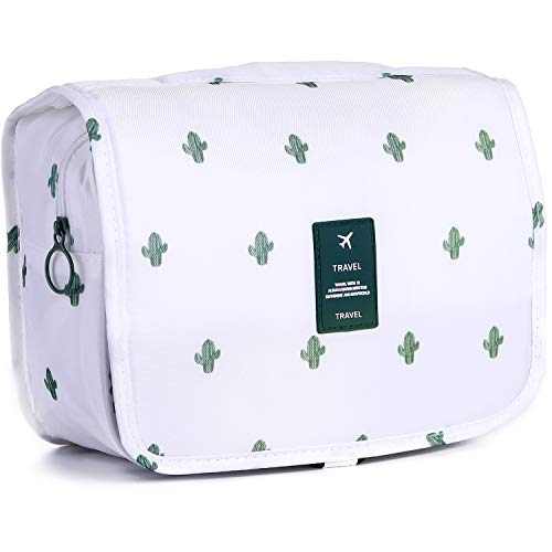 LAKIBOLE Toiletry Bag Multifunction Cosmetic Bag Portable Makeup Pouch Waterproof Travel Hanging Organizer Bag for Women Girls (Cactus&White)