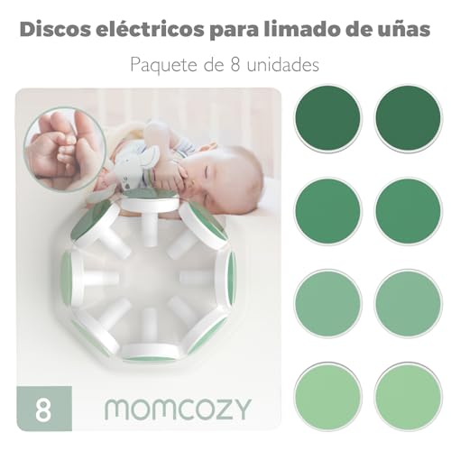 Momcozy - Lima de Uñas Para Bebé, Eléctrica, Recargable, Cortaúñas para Bebé, Con Luz Nocturna, 7 Almohadillas para Orejas de Repuesto para Cabeza de Molienda, Color Verde