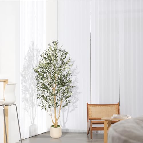 FEELEAD Olive Trees Artificial Indoor 6ft with Planter – Faux Olive Tree with Natural Wood Trunk & Realistic Leaves, 6 Feet Tall Fake Olive Tree for Home Office Decor, Tall Faux Tree for Living Room