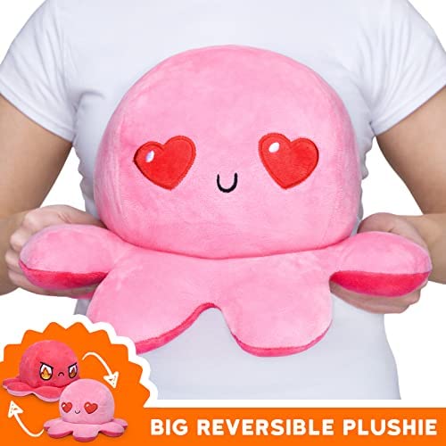 TeeTurtle - Original Reversible Big Octopus Plushie - Pink Heart Eyes + Fire Eyes - Huggable and Soft Sensory Fidget Toy Stuffed Animals That Show Your Mood - Perfect for Valentine\'s Day!