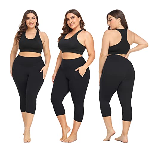 yeuG Women's Plus Size Capri Leggings with Pockets2 Pack High Waist