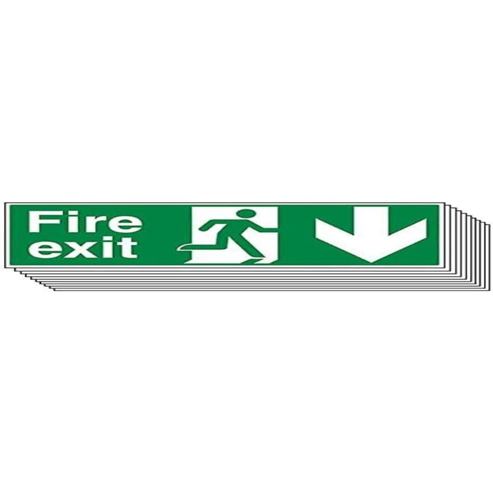 V Safety Fire Exit - Fire Exit Arrow Down - 450 x 150mm - Pack of 10