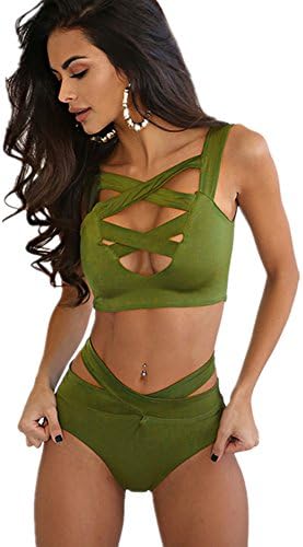 Wohaosen Women's Sexy Criss Cross High Waist Bandage 2PCS Bikini Set Swimsuit(arm green)