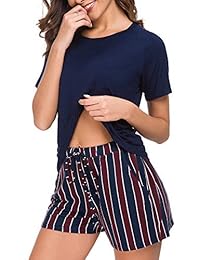 Pijama para dama, 2 piezas, parte superior corta de algodón y parte inferior corta a cuadros, ropa de dormir S-XXL