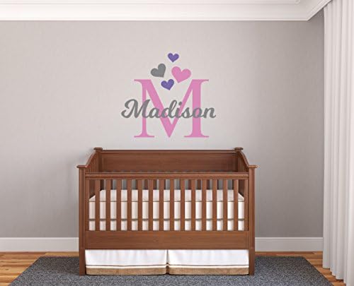 Personalized Name & Initial Hearts - Prime Series - Baby Girl - Nursery Wall Decal for Baby Room Decorations - Mural Wall Decal Sticker for Home Children's Bedroom(MM118) (Wide 18"x16" Height)