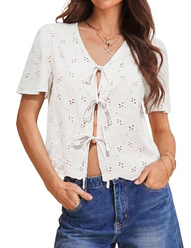 Totatuit V Neck Eyelet Embroidery Shirt
