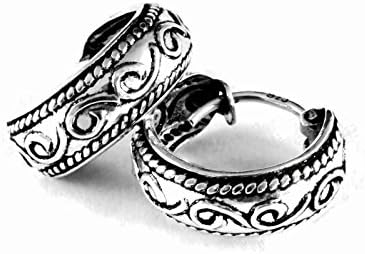 925 Sterling Silver Huggie Earring Vintage Fashion Filigree Hoop Teen Women Men 9/16" Diameter (14mm)