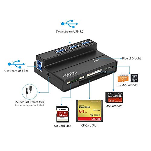 Flash Memory Card Reader, UNITEK 3Port USB 3.0 USB Hub SD MS CF TF M2