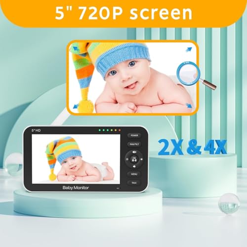 Video Baby Monitor with Camera and Audio, 5" 720P HD Baby Monitor with 30 Hrs battery Life, 1000ft Long Range,Night Vision, Pan Tilt Zoom, VOX Mode,Two-Way Audio,Temperature Sensor,8 Lullabies-A