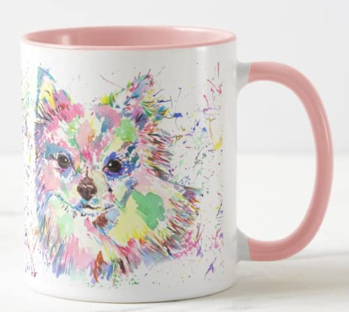 Vixar Chihuahua Long Hair Dog Pet Watercolour Rainbow Art Coloured Mug Cup Gift Birthday Work Office Christmas Tea Coffee (Pink)