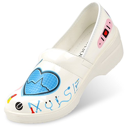 Rasolli Womens Lightweight Professional Closed Back Scrub Clogs, Nurse Graphics, White, Size 8.5