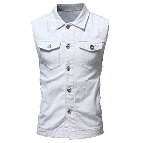 WUAI Clearance Men's Sleeveless Fashion Lapel Vintage Jeans Vest Motorcycle Jacket Waistcoat(White,US Size S = Tag M) - Thumbnail 3