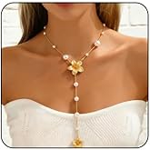 Fyvos Chunky Gold Flower Necklace Boho Layered Colorful Crystal Necklace Large Floral Rhinestone Lariat Necklace Y-Shaped Long Necklace Summer Beach Fashion Jewelry Accessary for Women