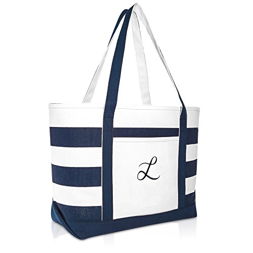 DALIX Premium Beach Bags Striped Navy Blue Zippered Tote Bag Monogrammed L