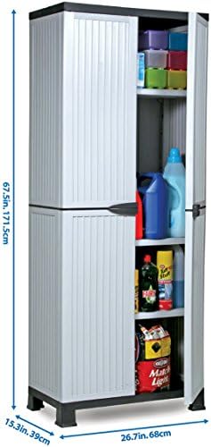 Plascoline Noble 3-Shelf Plastic Utility Storage Cabinet with Doors and Floor Risers, 26.7" W x 15.3" D x 67.5" H