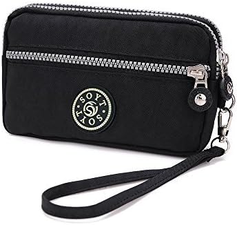 Dual Layers Zipper Purse Waterproof Nylon Wristlet Bag Clutch Handbag Cell Phone Pouch (Black)