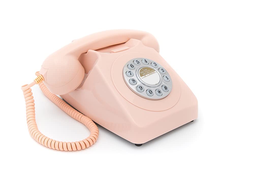 GPO 746 Push-Button Retro Landline Phone, Vintage Landline Telephone for Home, Office, Retro Phones with Authentic Bell Ring and Curly Cord, Carnation Pink