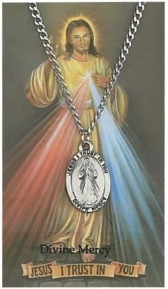 Pewter Divine Mercy Medal with 24" Stainless Steel Necklaces and Prayer Card