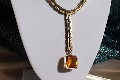 Citrine gem necklace with a vintage 14K gold plated heavy brass chain ending with a square enormous madeira citrine in solid 14K gold bezel