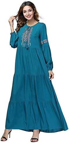 MEYINI Women Kaftan Long Dresses Islamic Embroidered Long Sleeve Dress Casual Muslim Abaya Abra Loose Robe