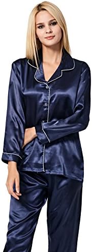 VlSl Womens Silk Satin Pajamas Set Sleepwear Loungewear Two-Piece Long Sleeve Pajama Set (Medium, Navy Blue)