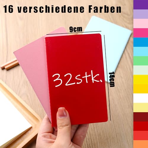 Koogel 32 Stück Kleine Blanko Notizbücher, Notizbuch Journal Tagebuch Notizblöcke Schulhefte 14cm x 9cm Notizbücher mit Kraftpapier-Einband 16 Farben