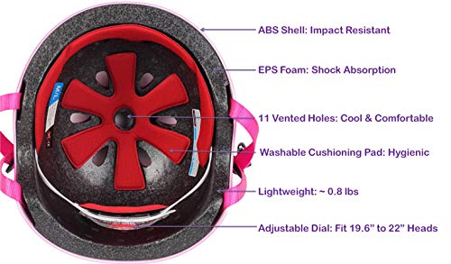 Kids Helmet with Protective Gear for Skateboard Scooter Skating Bicycle Bike Cycling - Adjustable to Fit Heads from Age 3 to 7 - Include Knee Elbow Pads Wrist Guards (SK11SM+P+MtPink)