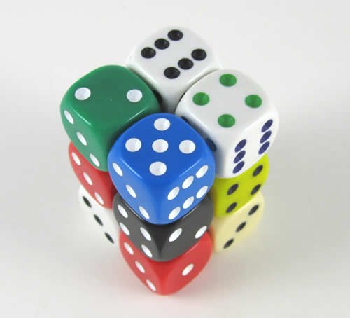 Assorted Colors Opaque Round Cornered Dice 16mm (5/8) D6 (Six Sided) Set of 12 Dice Koplow Games