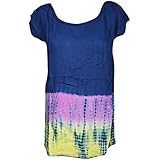Mogul Interior Venus Womens Summer Tunic Top Tie-dye Gauzy Rayon Blue Boho Style Beach Blouse Tops X-L