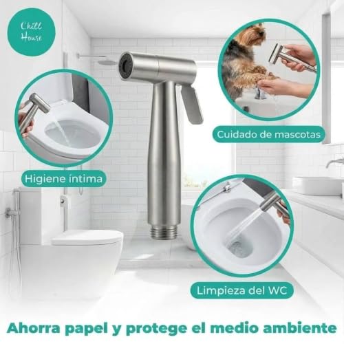 CHILL HOUSE Bidet for WC and Water Tap with Shower in Stainless Steel AISI 304 – Hygienic Shower with Extendable Hose 1.5 m – Intimate Hygiene and Pets Kit – (Replacement: Sprayer and Hose)