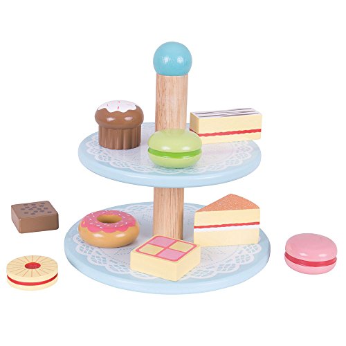 Bigjigs Toys Wooden Cake Stand with 9 Wooden Cakes - Pretend Play and Role Play for Children