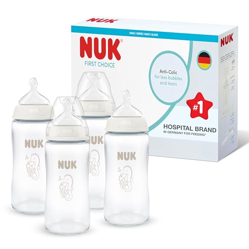 NUK First Choice Baby Bottles | 3+ Months | 240ml | Anti Colic Feeding Bottle | Glass | Temperature Control Indicator | Seahorse | 4 Count