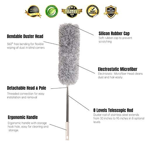 Microfiber Feather Duster with Extra Long Pole(100in.), Bendable, Washable, Detachable, for Cleaning High Ceiling Fan/Light, Cobwebs, Corner Dust, Car, Computer/TV Screens (Grey)
