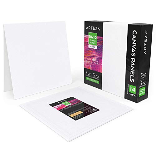 Arteza Painting Canvas Panels, 10x10, Pack of 14, Primed White, 100% Cotton with Recycled Board Core, for Acrylic, Oil, Other Wet Or Dry Art Media, for Artists, Hobby Painters, Kids