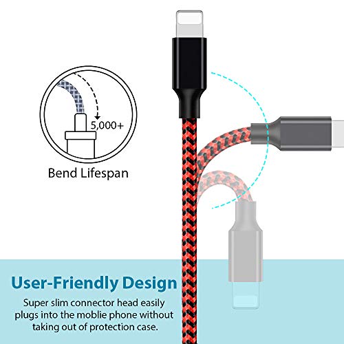 Lightning Cable, Hootech iPhone Charger Cables, 5Pack 3FT 2x6FT 2x10FT to USB Syncing Data and Nylon Braided Cord Charger for iPhone Xs Max, XR, X, 8, 7, Plus, 6, 6S, 6 Plus, 5, 5C, 5S, SE - Red