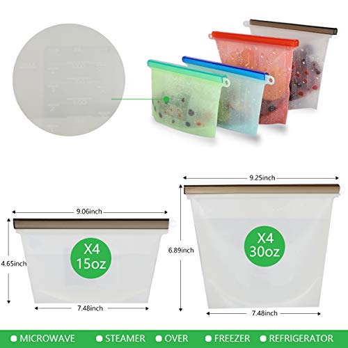 Reusable Silicone Food Storage Bags,WOHOME Freezer Airtight Seal Food Preservation Bags,Food Grade,Versatile Preservation Bag Container for Vegetable,Meat,Fruit,4 Pack Medium 30oz,4 Pack Small 15oz