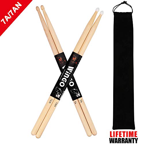 7A/7AN Drum Sticks with Wood Tips or Nylon Tips - WINGO 2 Pack Maple Drumsticks with Carrying Bag Holder - Thumbnail 7