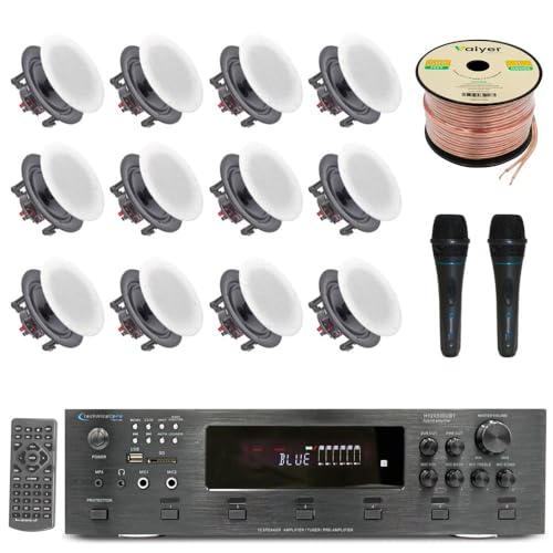 Home Audio System Kit - 6 Channel 6000 W Bluetooth Amplifier w/ 12 Qty of 5.25