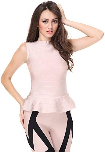 Crediy Peplum Sleeveless Bodycon Rayon Bandage Tank Top Pure Color Party Ruffles Celebrity (L, Khaki)