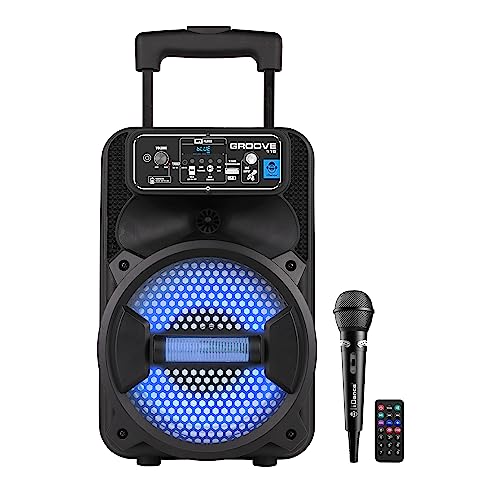 - Altavoz portátil Bluetooth con micrófono, Control Remoto, bateria Recargable, iluminación led, reproducto mp3 USB, asa telécopica y Ruedas, 100 vatios.