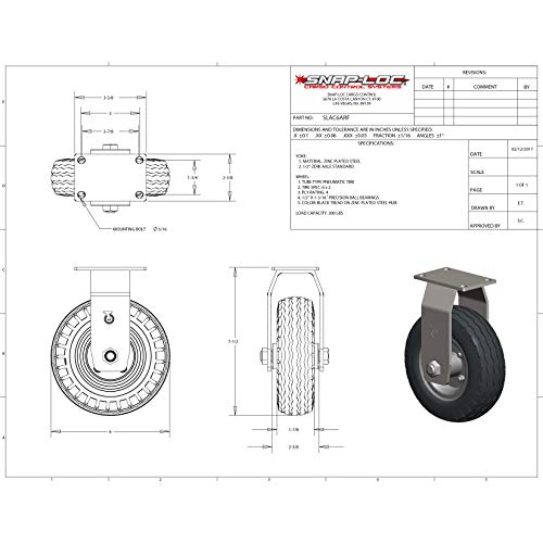 Caster 6 INCH AIR-Ride Fixed 375 lb Pneumatic Rubber, Standard Plate 1-3/4"x2-7/8"